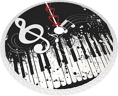 Black White Music Note Printed Christmas Tree Skirt 30 Inch - Thick Xmas Tree Skirt with Tassel for Indoor Outdoor Xmas Tree