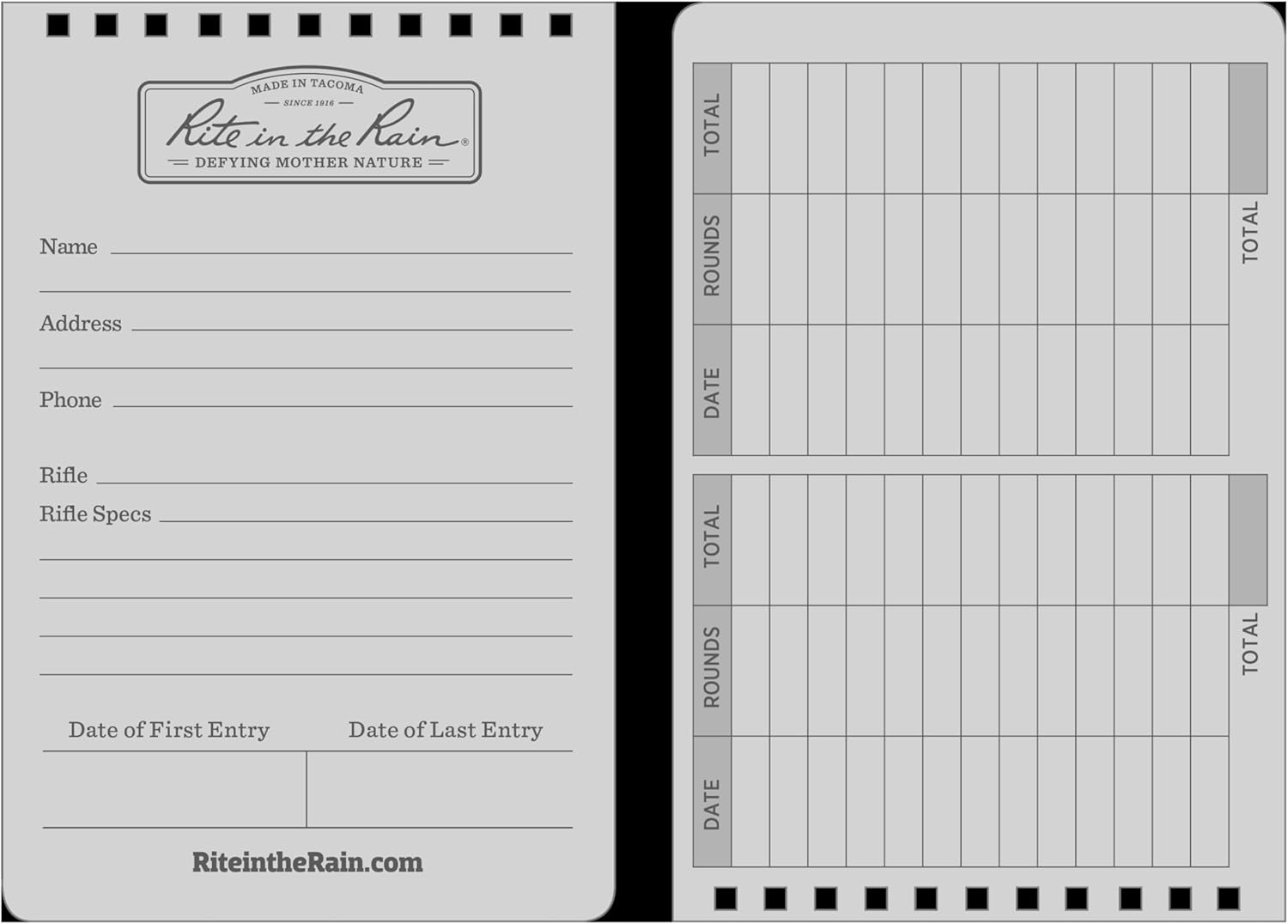 Rite in the Rain Weatherproof Top Spiral DOPE Logbook, 4" x 6", Black Cover, DOPE Pattern Front