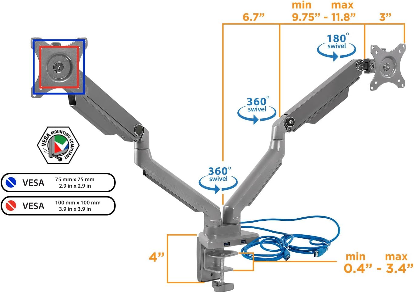 Mount-It! Dual Monitor Arm Mount Desk Stand | 2 x 3.0 USB Ports | Articulating Mechanical Spring Height Adjustable | Fits