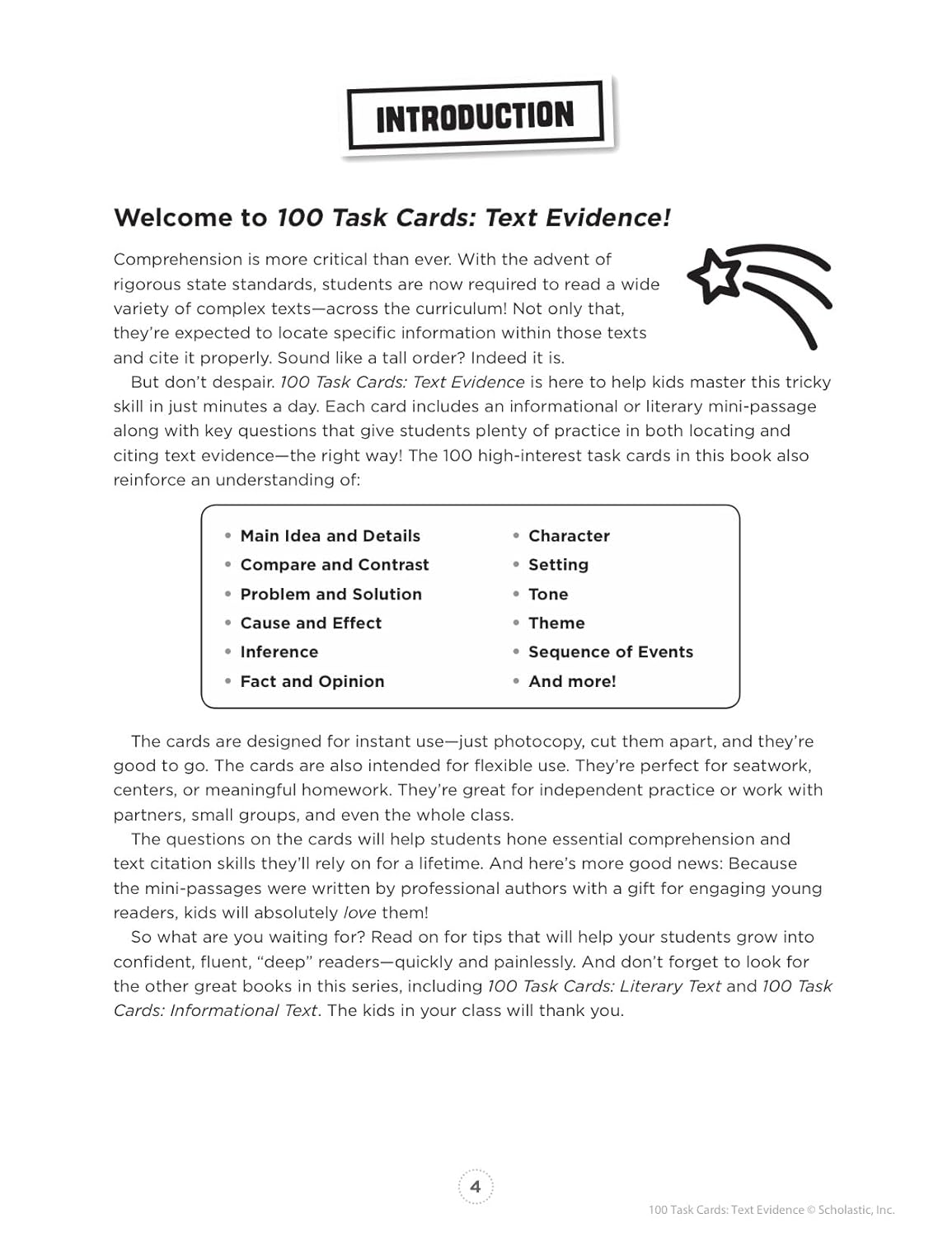 100 Task Cards: Text Evidence: Reproducible Mini-Passages With Key Questions to Boost Reading Comprehension Skills