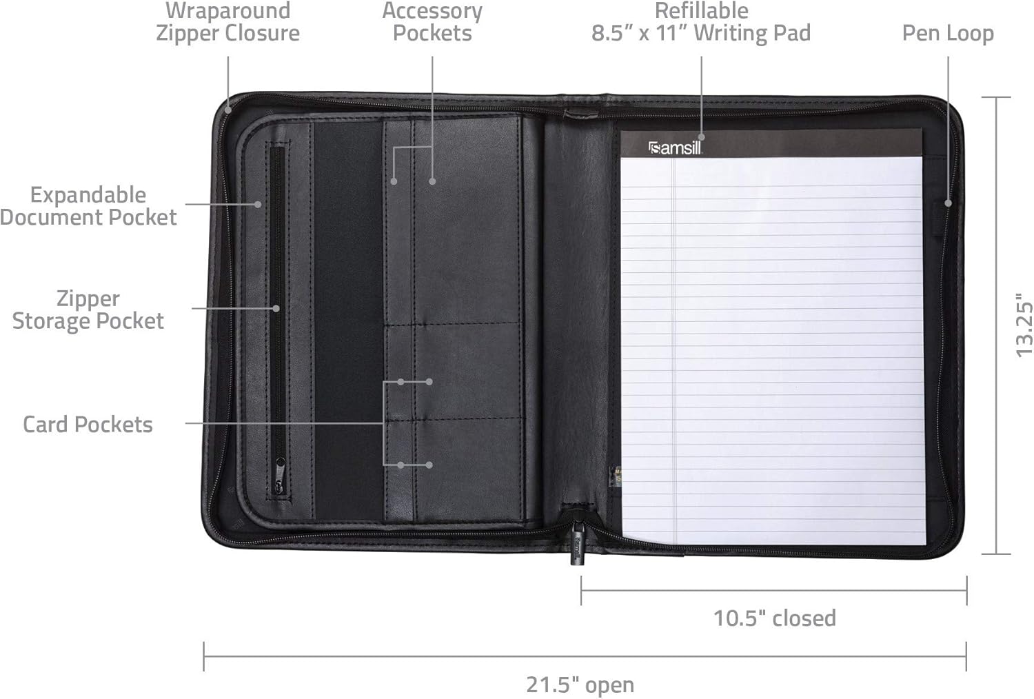 Samsill Professional Padfolio with Secure Zippered Closure, 10.1 Inch Tablet Sleeve, and 8.5 by 11 Inch Notepad, Black