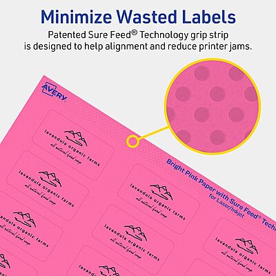 Avery Printable Rectangle Labels, Sure Feed Technology, 1" x 2", Bright Pink, Print-to-the-Edge