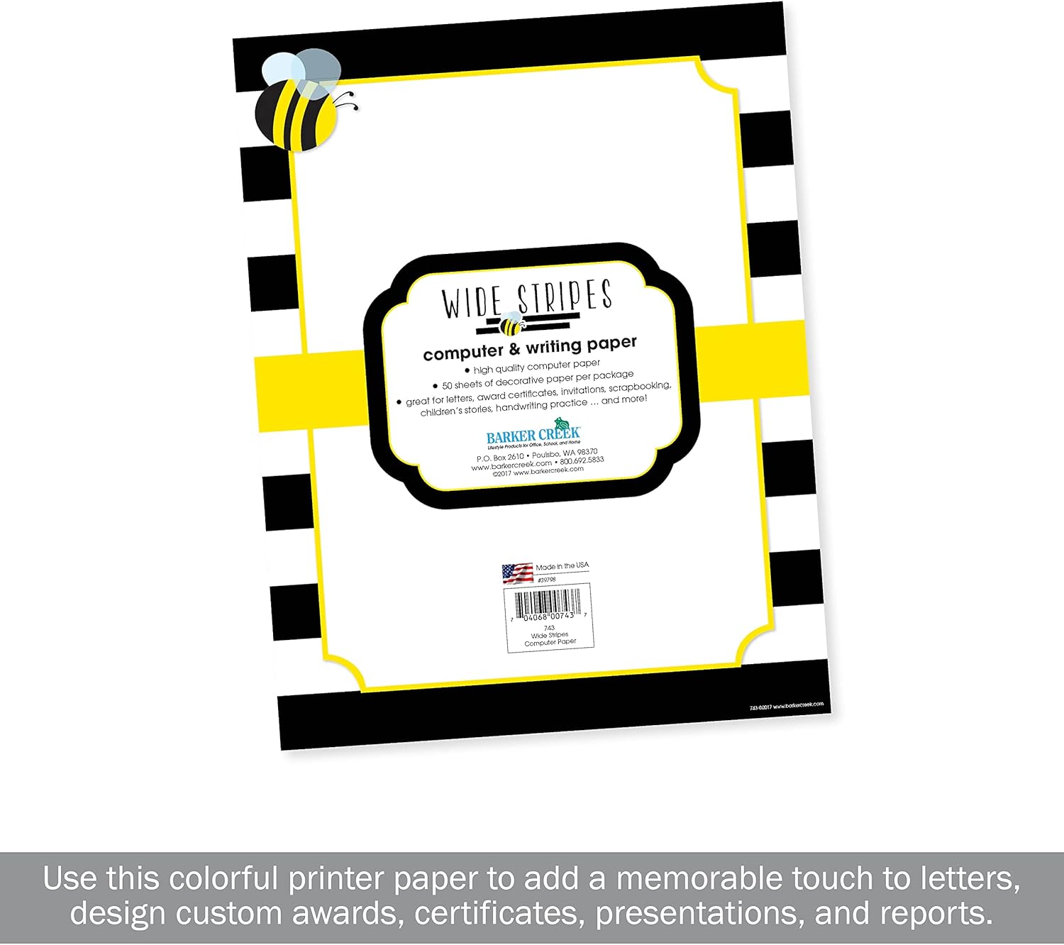 Barker Creek Designer Computer Paper, Wide Stripes With Bee, 8.5” x 11”, Decorative Printer Paper, 50 Sheets