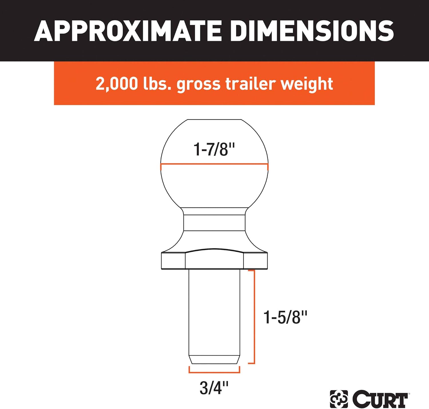 CURT 40001 Chrome Trailer Hitch Ball, 2,000 lbs, 1-7/8-Inch Diameter, 3/4 x 1-5/8-Inch Shank, Silver
