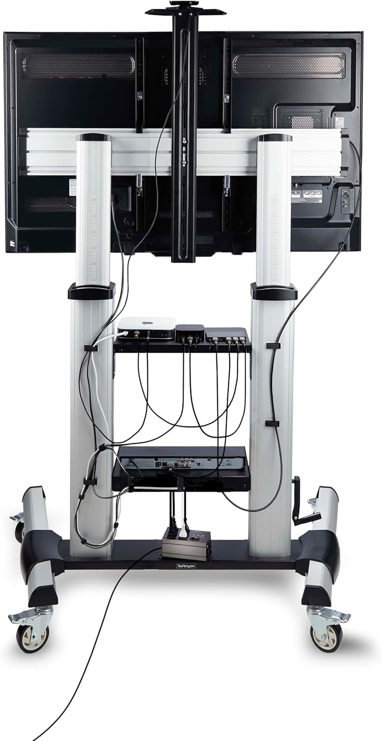 StarTech.com Rolling TV Cart/Stand On Wheels, Up to 100-inch/220lb Flat Screens, Hand Crank Height Adjustable Mobile Trolley