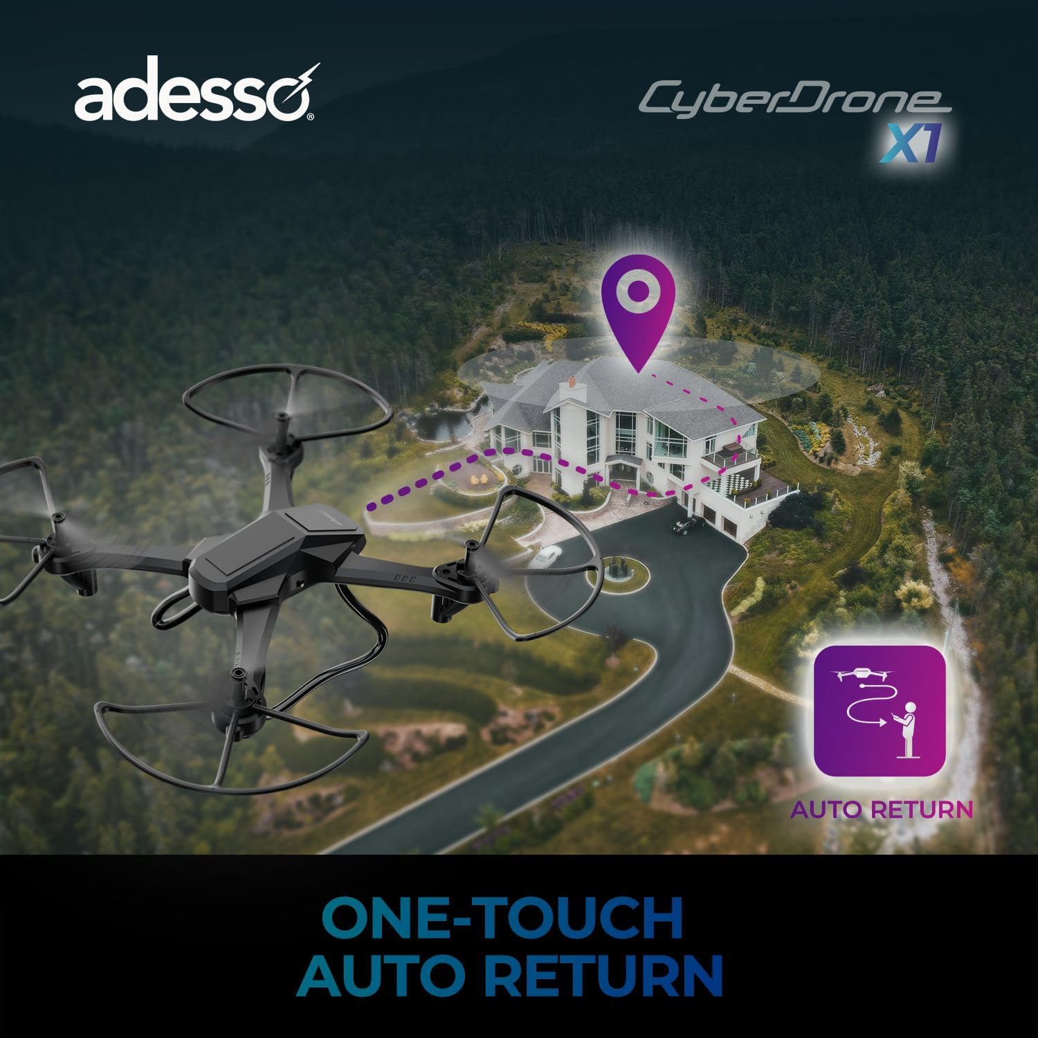 Adesso CyberDrone X1 Lightweight Remote Controlled Drone with 2.4GHz Controller Altitude Hold Headless Mode 3D Flips 720P