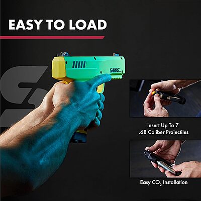 SABRE Pepper Projectile Launcher, Home Defense. Mag holds 7 .68 Caliber projectiles, Adjustable Fiber Optic Sights