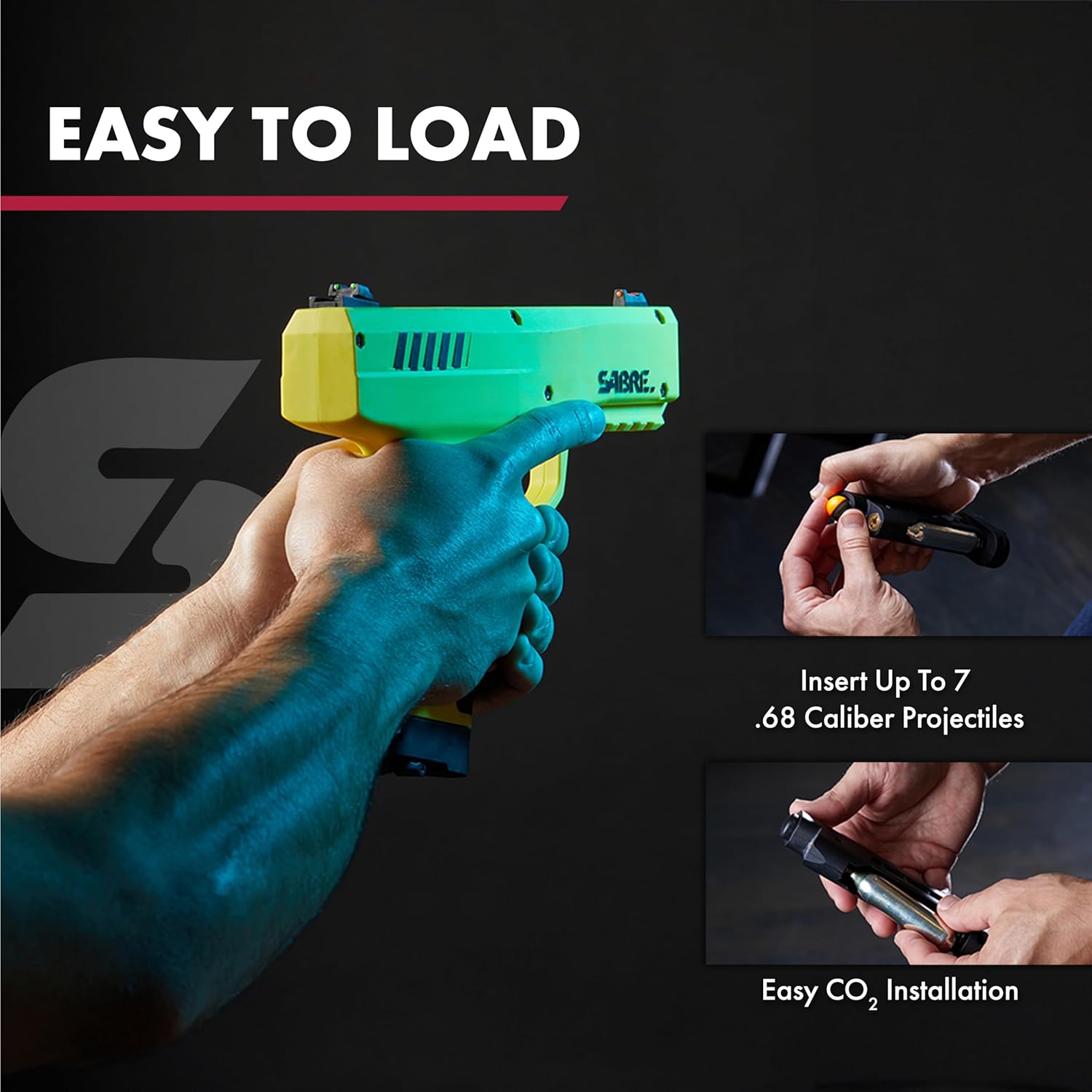 SABRE Pepper Projectile Launcher, Home Defense. Mag holds 7 .68 Caliber projectiles, Adjustable Fiber Optic Sights