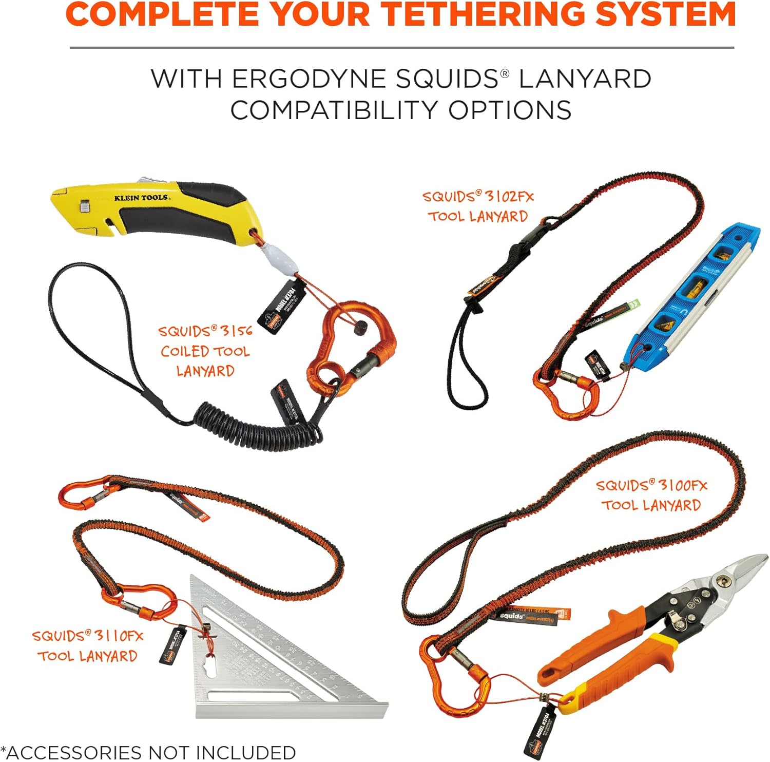 Wire Tool Attachment Tail with Loop End, Tool Weight Capacity 2lbs, 6-Pack, Ergodyne Squids 3704 , Orange