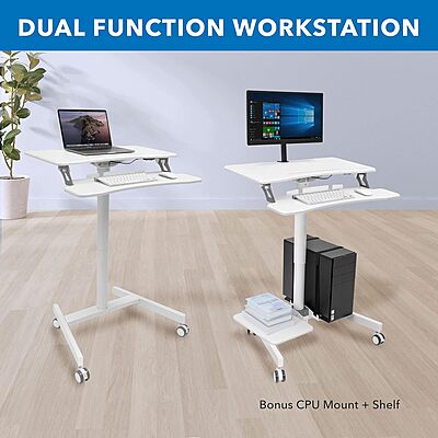 Mount-It! Mobile Workstation for Medical, Classroom, or Office Use, Height Adjustable Rolling Desk with Keyboard Tray, Storage Shelves & Locking Wheels, Portable Computer Cart – White