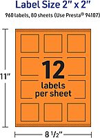 AVERY Printable Square Labels, Sure Feed Technology, 2 in x 2 in, Bright Orange