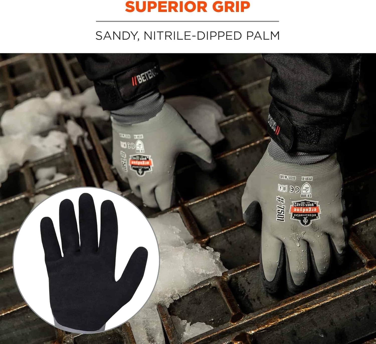 Ergodyne ProFlex 7501 Coated Waterproof Winter Work Gloves, Sandy Nitrile Coated Palms, Thermal Fleece Lining