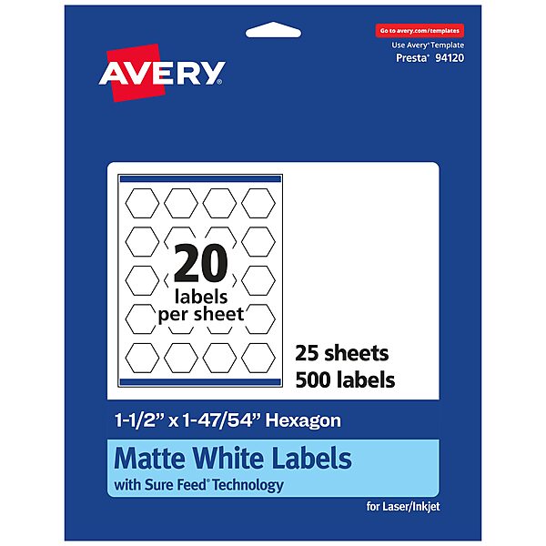 AVERY Matte White Hexagon Labels, Sure Feed Technology, 1.5" x 1-47/54", Print-to-The-Edge, Permanent Adhesive, Laser/Inkjet Printable