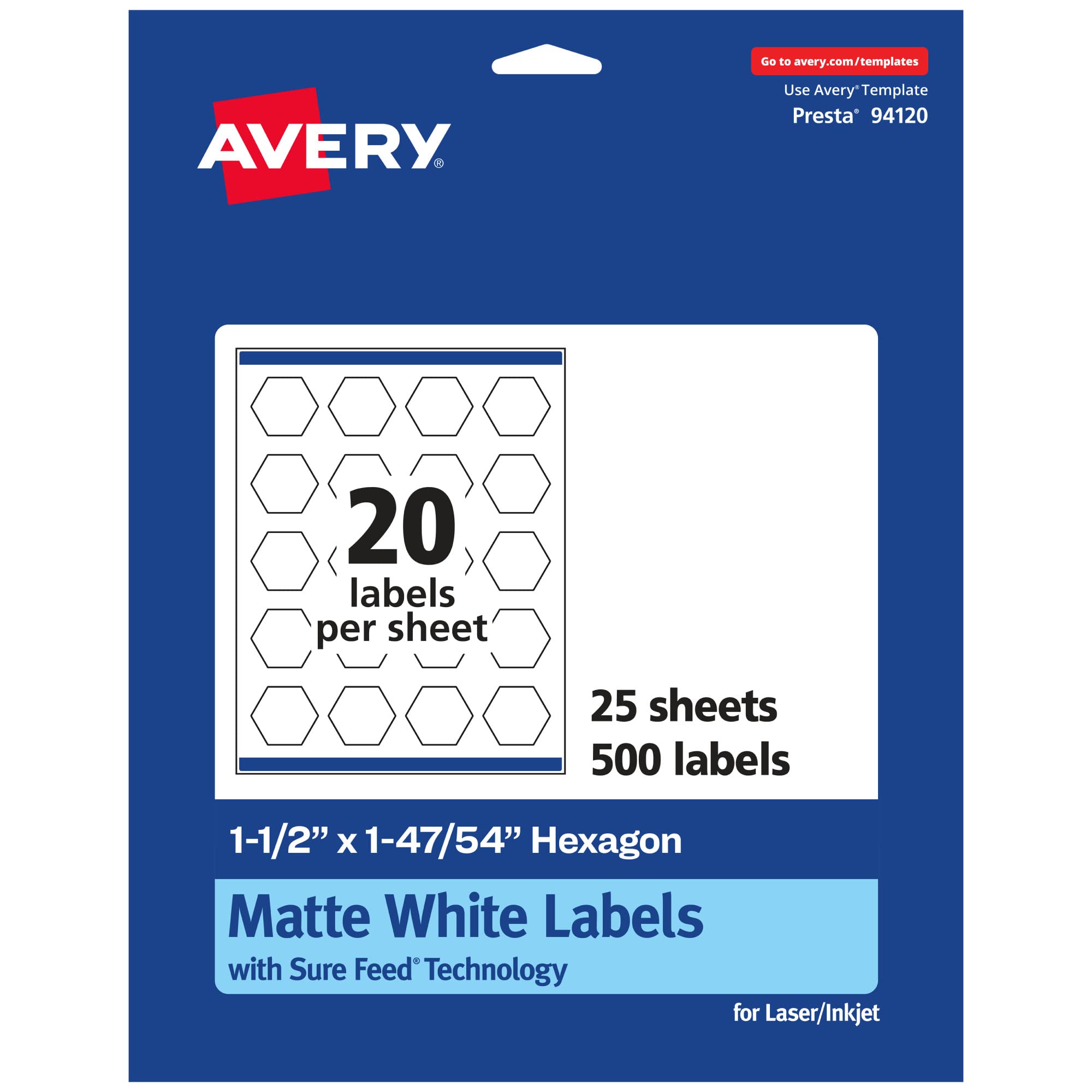 AVERY Matte White Hexagon Labels, Sure Feed Technology, 1.5" x 1-47/54", Print-to-The-Edge, Permanent Adhesive