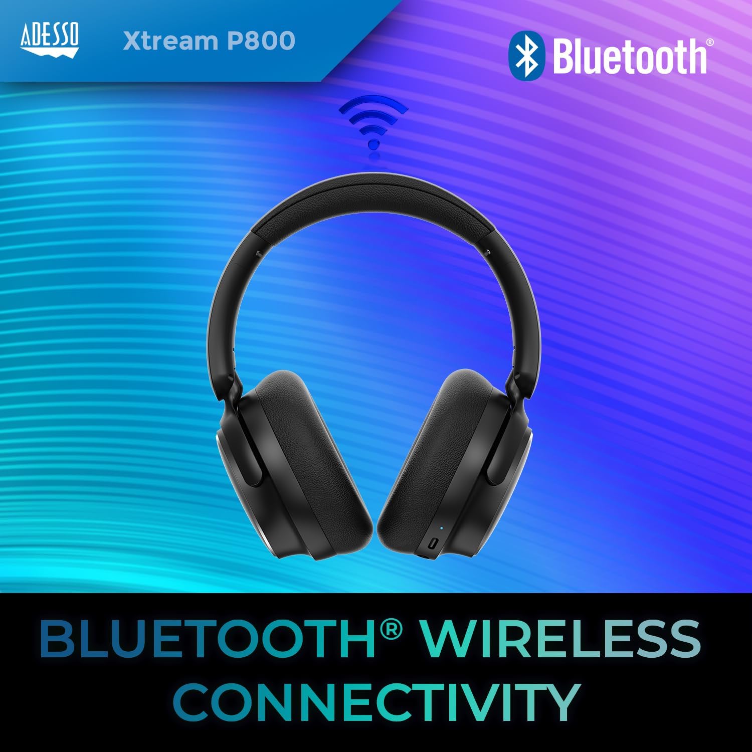 Adesso Xtream P800 Bluetooth Headphones with Active Noise Cancellation, Built-in Mic, 40H Battery, 3.5mm AUX, Foldable