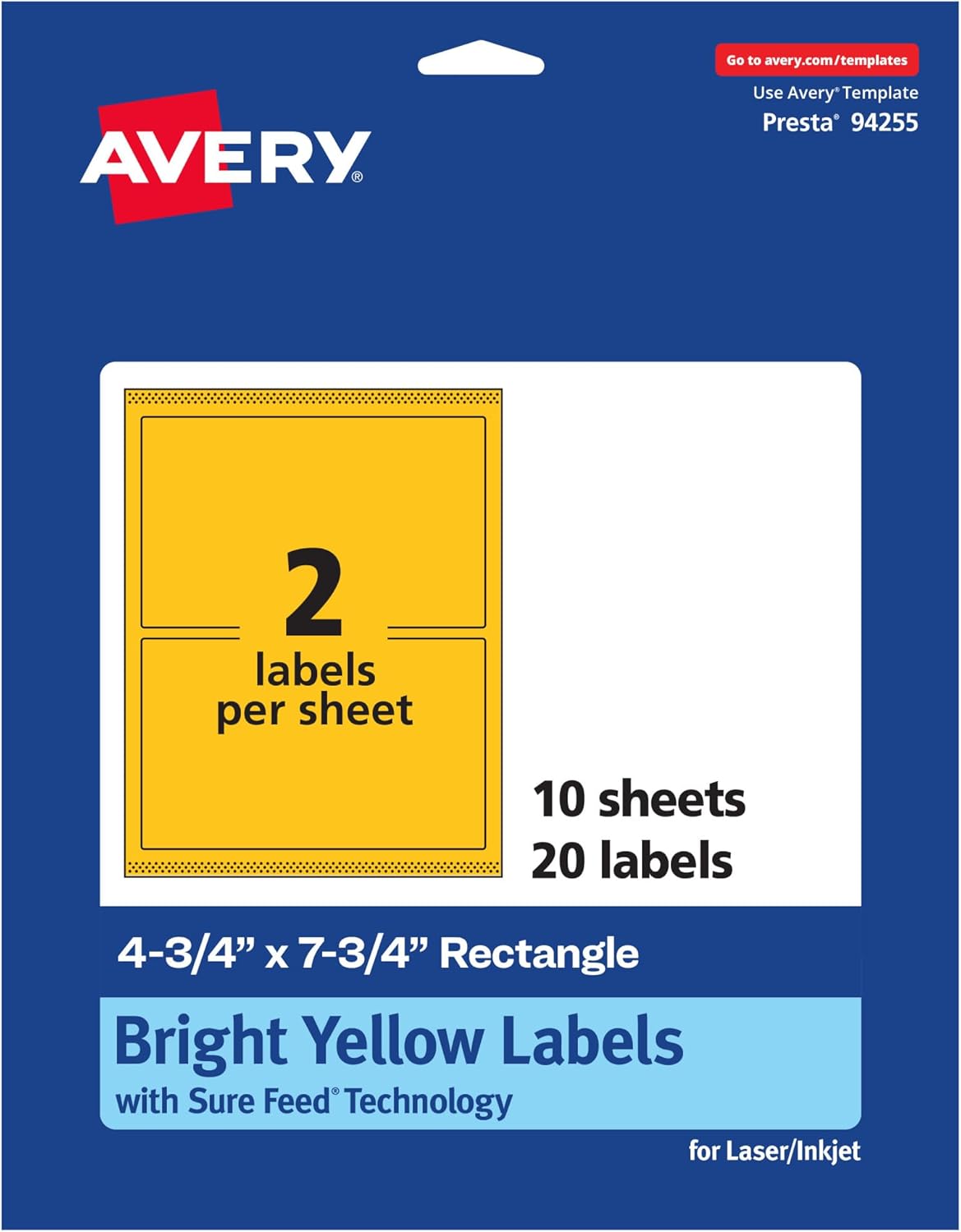 Avery Print-To-The-Edge Labels With Sure Feed Technology And Easy Peel, 94255-BYP10, Rectangle, 4-3/4in x 7-3/4in