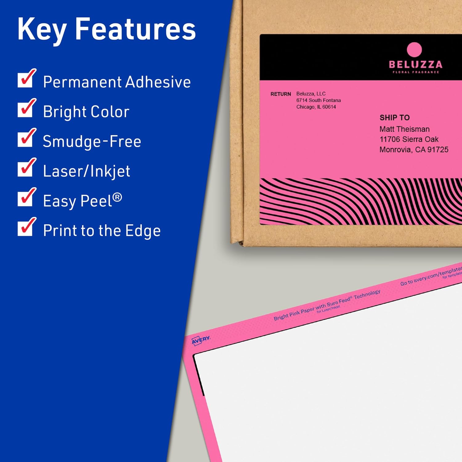 Avery Printable Rectangle Labels, Sure Feed Technology, 4-3/4" x 7-3/4", Bright Pink Labels, Print-to-The-Edge