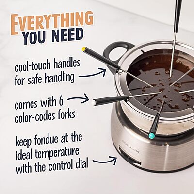 Nostalgia 6-Cup Electric Fondue Pot Set for Cheese & Chocolate - 6 Color-Coded Forks