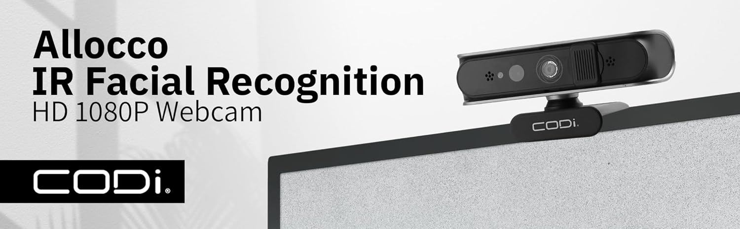 CODi Allocco HD 1080P Windows Hello Webcam with IR Facial Recognition & Noise-Canceling Mic – Autofocus, USB-A, Tripod Mount