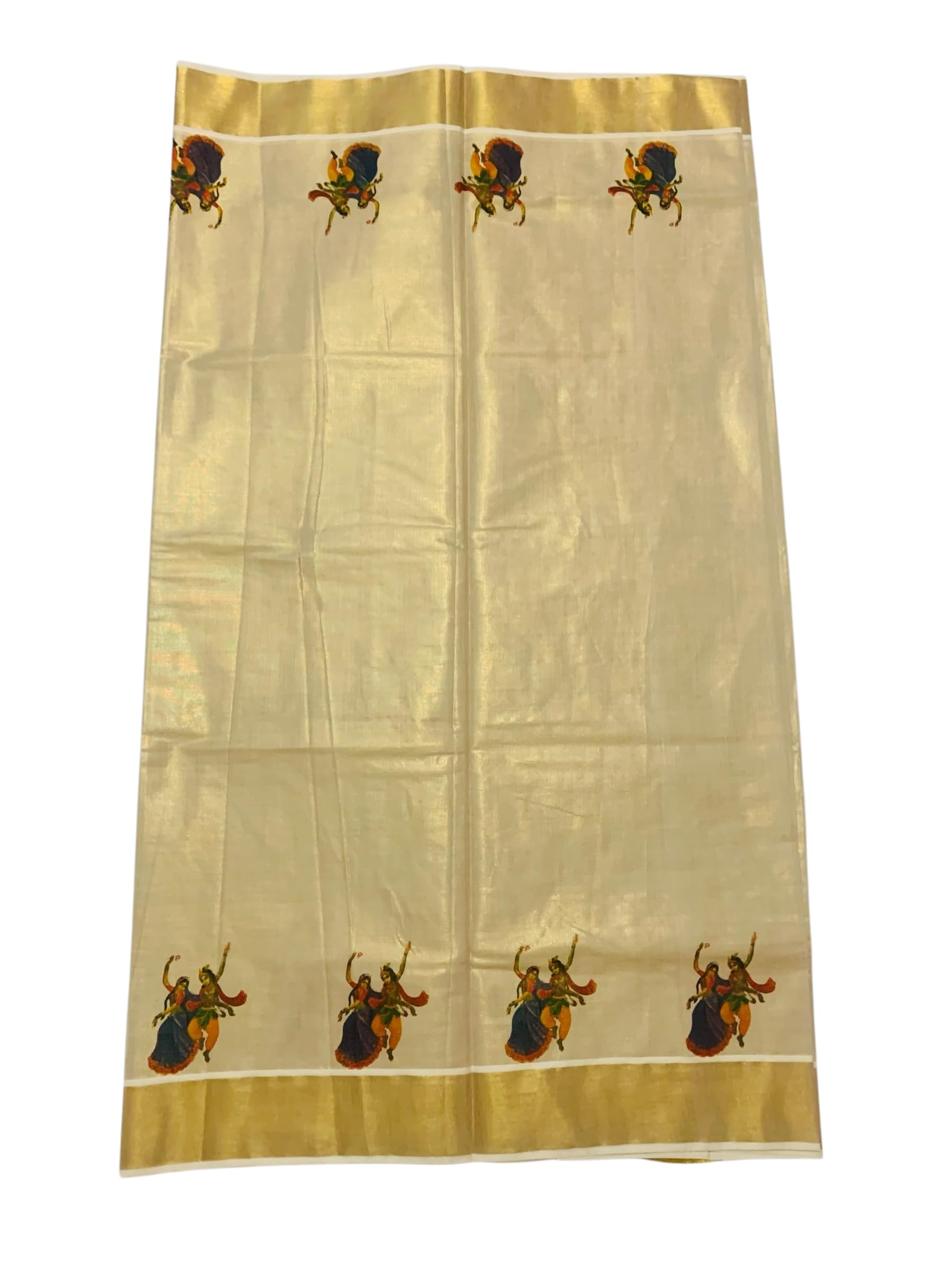 Kuthampully Kerala Kasavu Saree Tissue Mural Painted | Traditional South Indian Saree | Onam Saree - Multi Color BOM-656