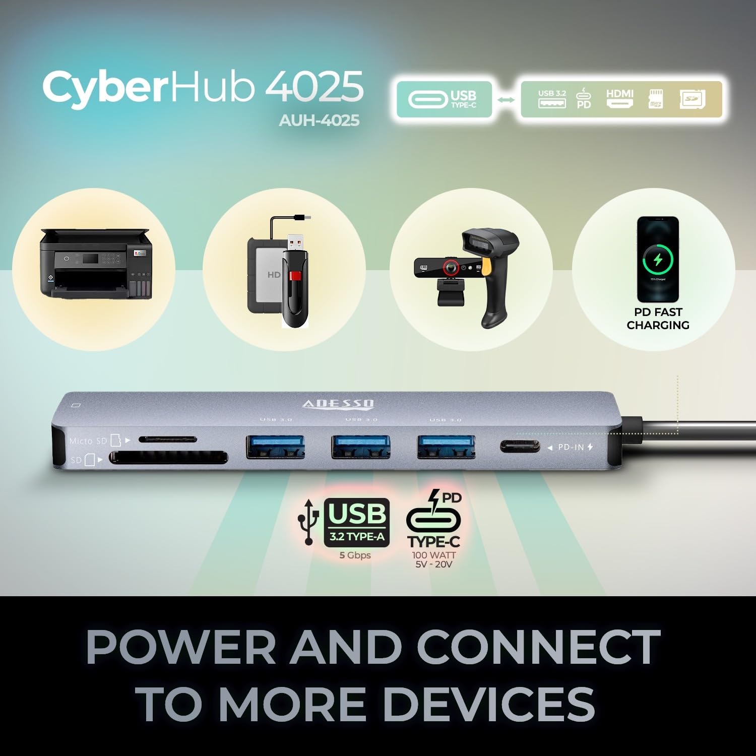 Adesso AUH-4025 USB C Docking Station Multiport Adapter Type C Hub Supports USB C to x1 4K HDMI, 3X USB-A 3.2, 1x PD