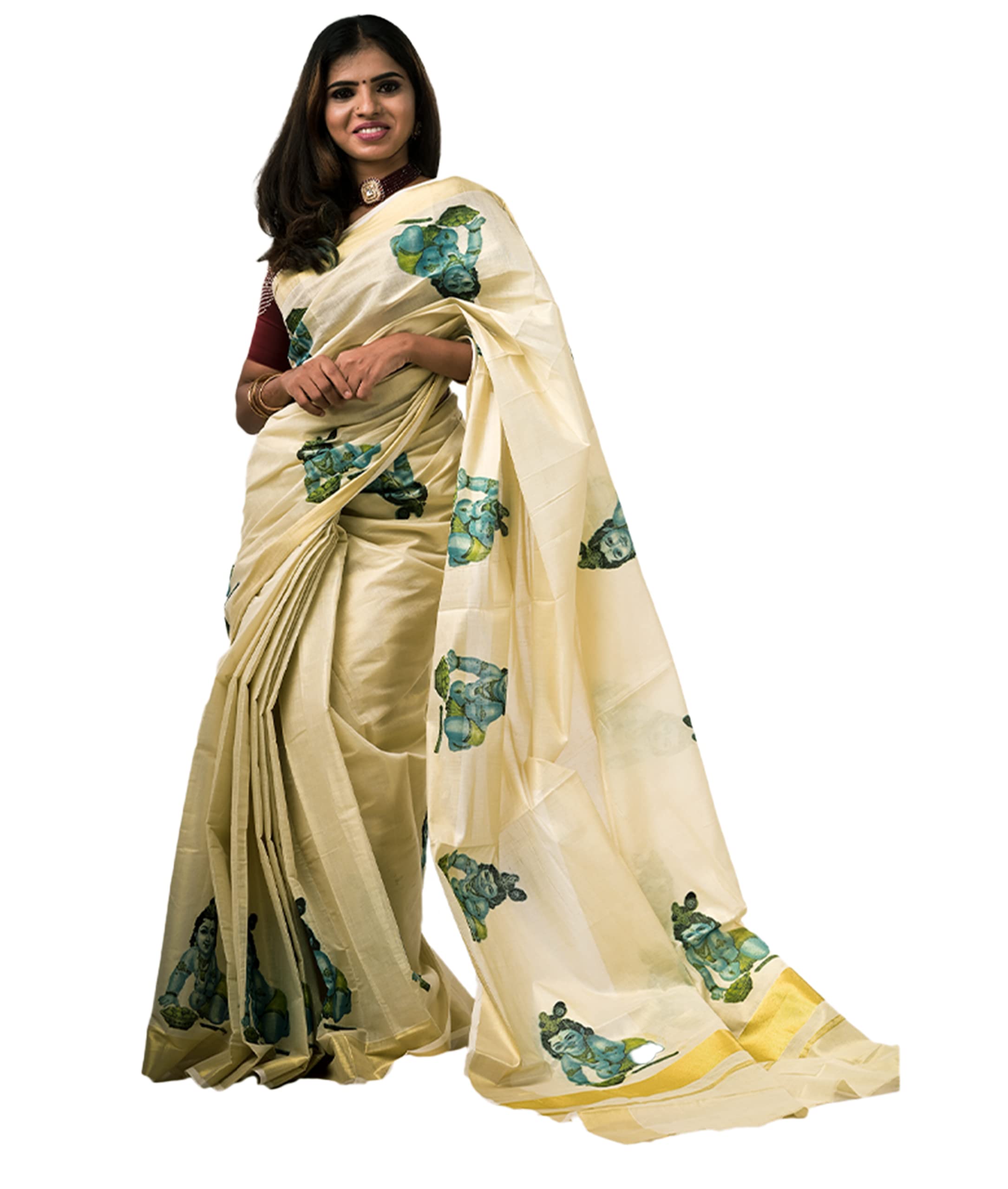 Kuthampully Kerala Kasavu Saree Tissue Mural Painted | Traditional South Indian Saree | Onam Saree - Multi Color KTM-620