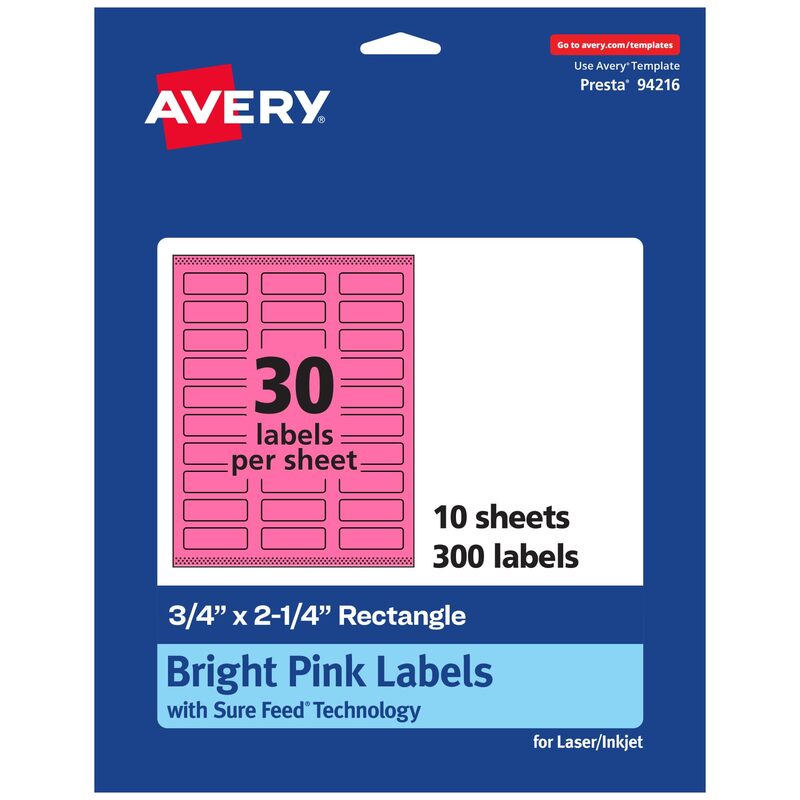 AVERY Printable Rectangle Labels, Sure Feed Technology, 3/4" x 2-1/4", Bright Pink, Print-to-Edge, Laser/Inkjet