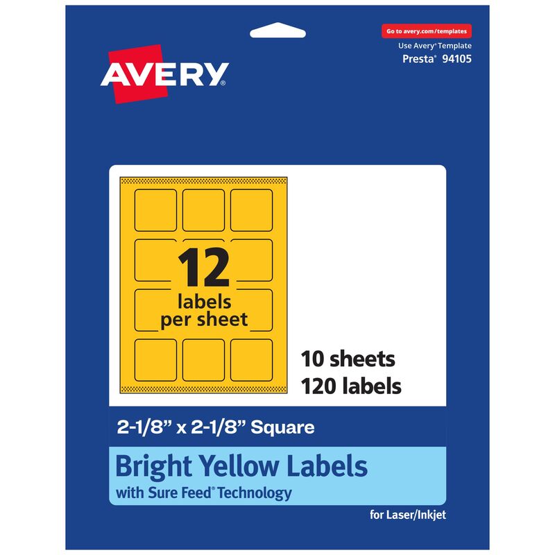 Avery Printable Square Labels, Sure Feed Technology, 2-1/8" x 2-1/8", Bright Yellow, Print-to-The-Edge