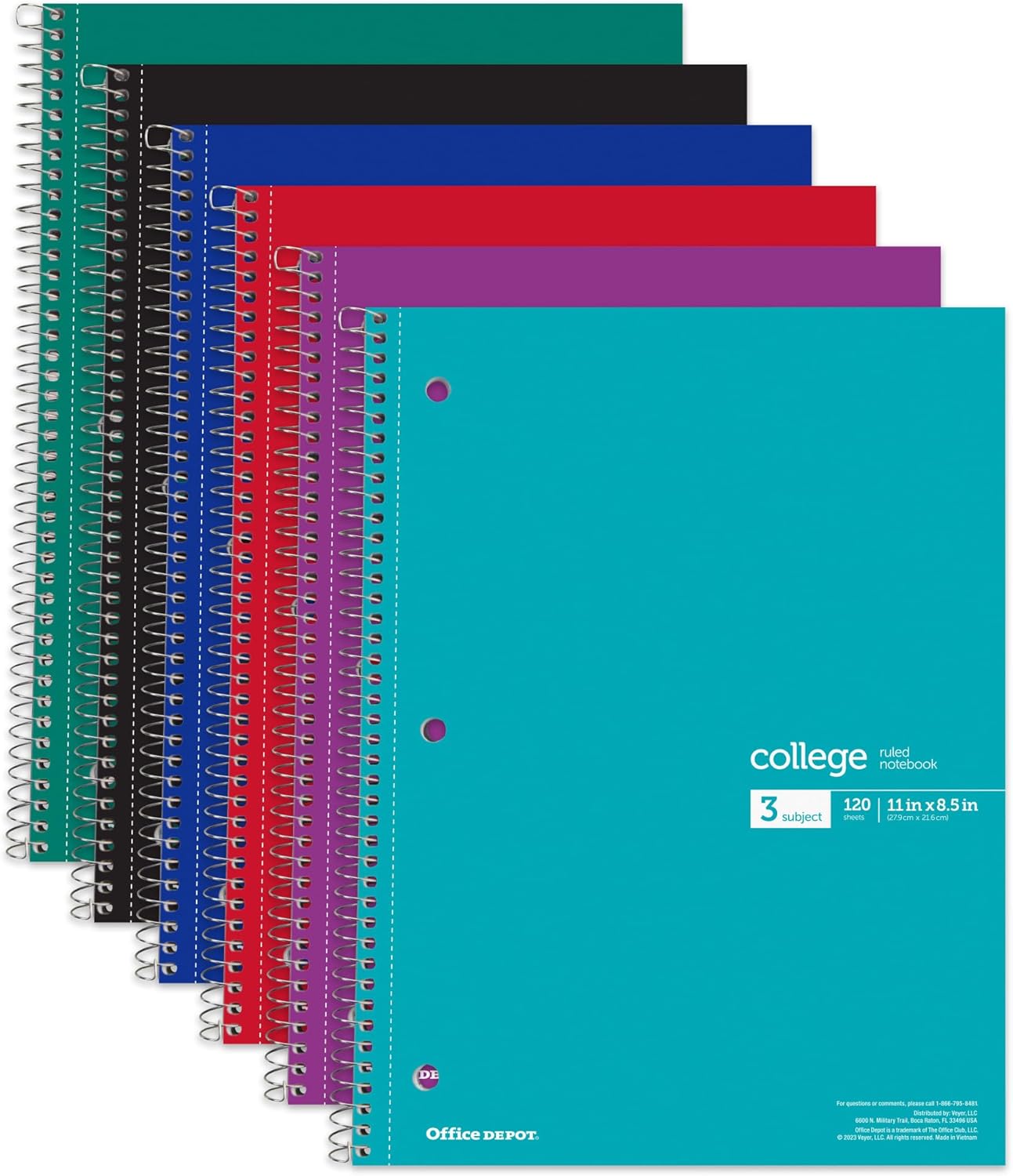 Office Depot® Wirebound Notebooks, 8-1/2" x 11", 3 Subjects, College Ruled, 120 Sheets, Assorted Colors, Pack Of 6 Notebooks