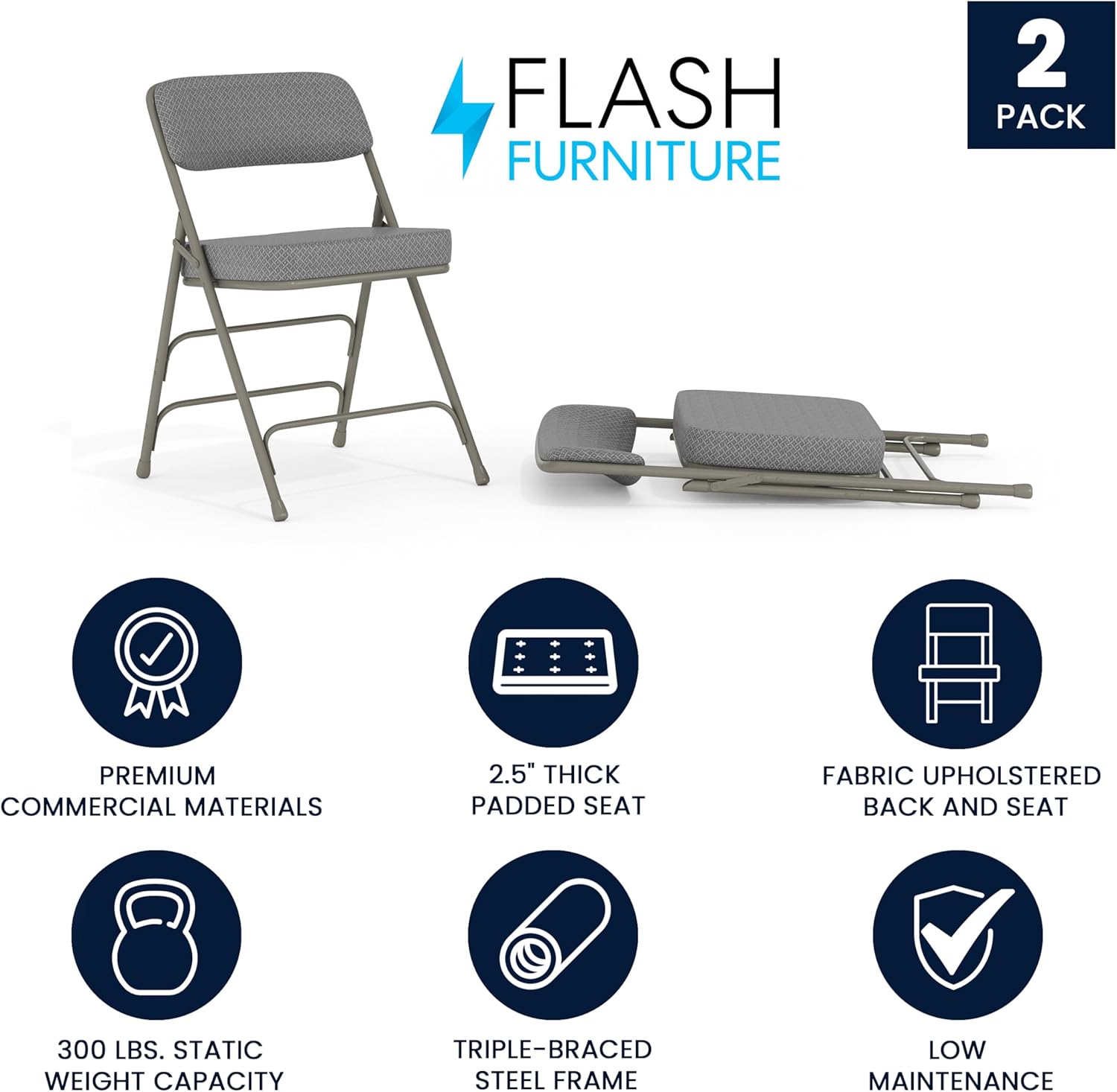 FLASH FURNITURE Hercules Series Metal Folding Chairs with Cushioned Fabric Seats