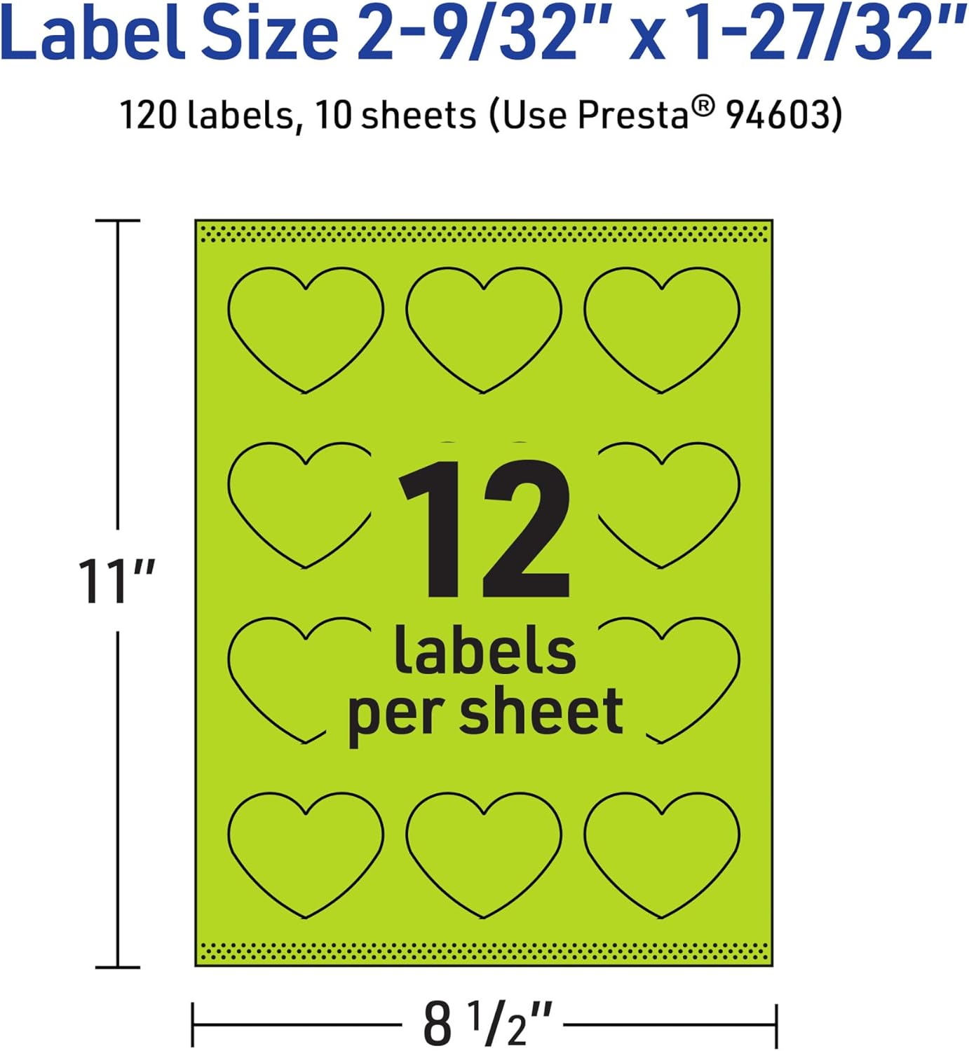 Avery Printable Bright Green Heart Labels, Sure Feed Technology, 2-9/32" x 1-27/32", Print-to-the-Edge, Laser/Inkjet