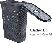 Mind Reader 40L Slim Laundry Hamper with Lid, Wicker-Style Plastic