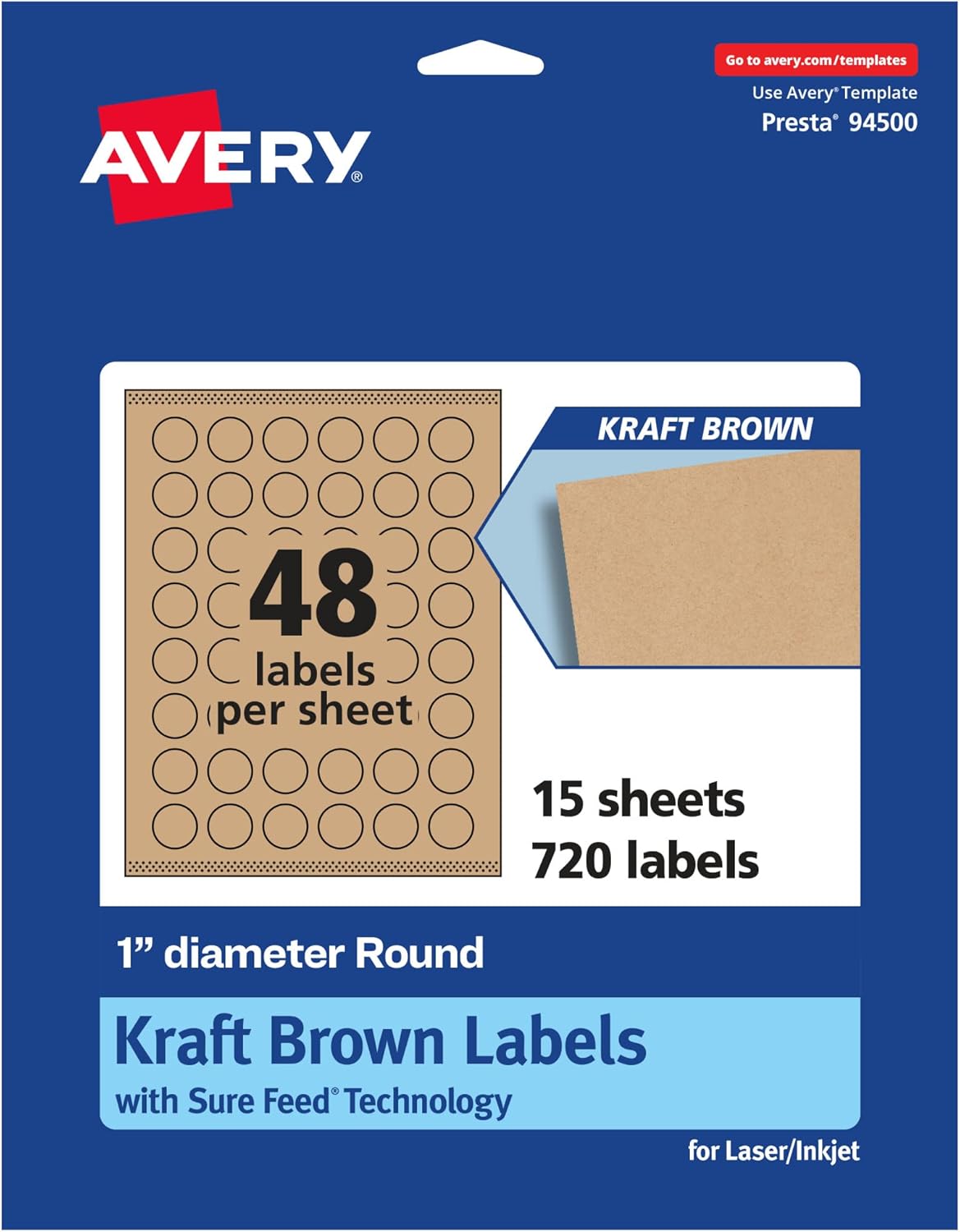 Avery Kraft Brown Round Labels, Sure Feed Technology, 1" Diameter, Print-to-The-Edge, Laser/Inkjet Printable
