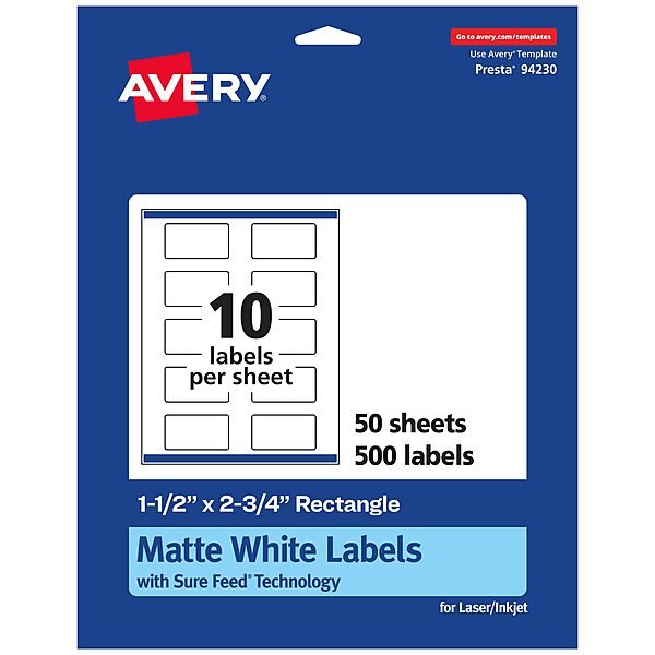 Avery Matte White Rectangle Labels, Sure Feed Technology, 1.5" x 2.75"