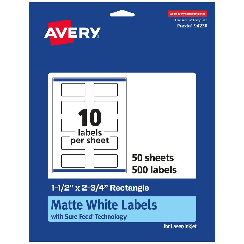 Avery Matte White Rectangle Labels, Sure Feed Technology, 1.5" x 2.75"