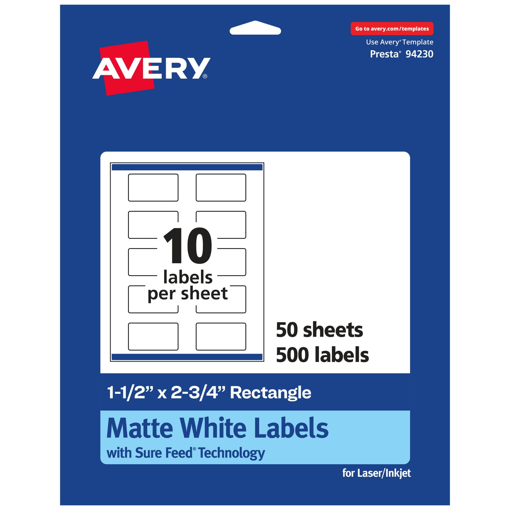 Avery Matte White Rectangle Labels, Sure Feed Technology, 1.5" x 2.75"