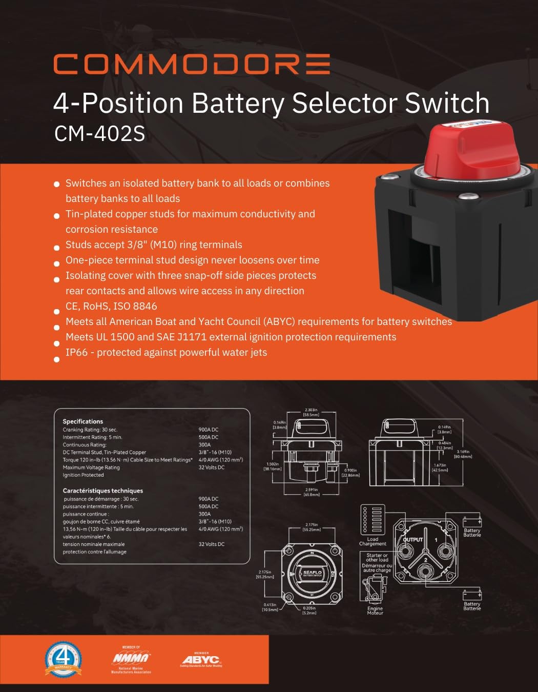 Commodore 4-Position Compact Dual Battery Selector Switch