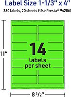 Avery Printable Neon Green Rectangle Labels, Sure Feed Technology, 1-1/3" x 4"