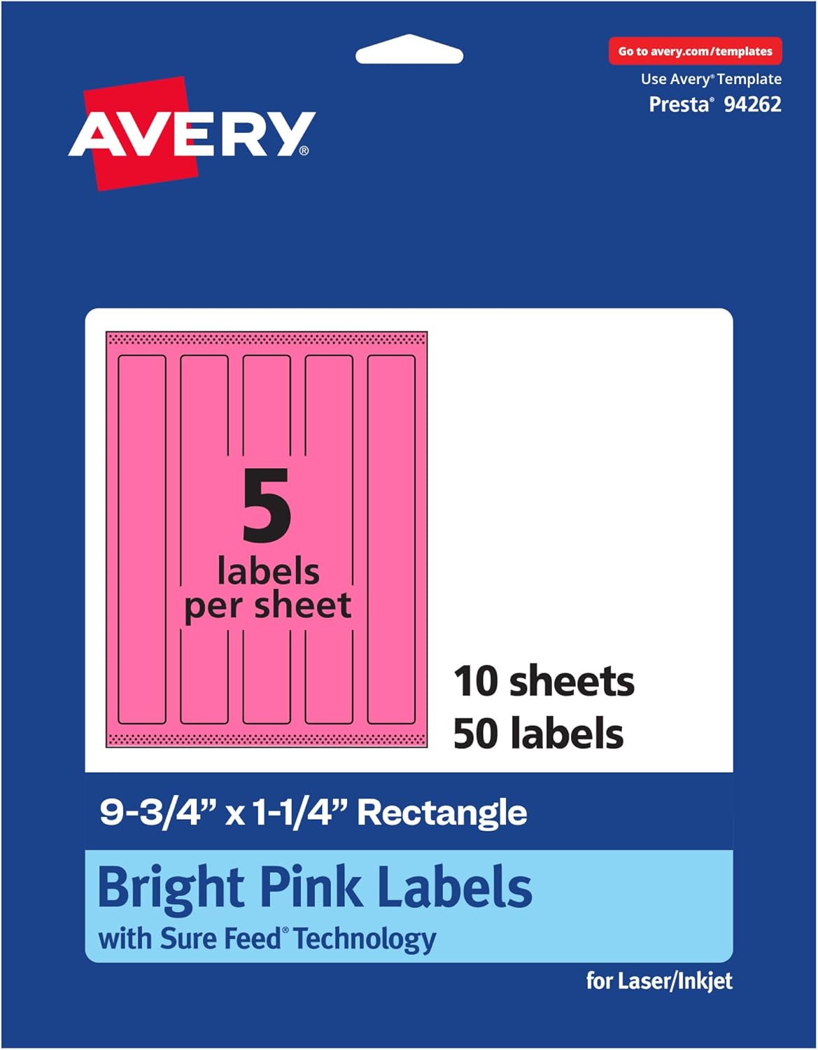 AVERY Printable Rectangle Labels, Sure Feed Technology, 9.75" x 1.25", Bright Pink