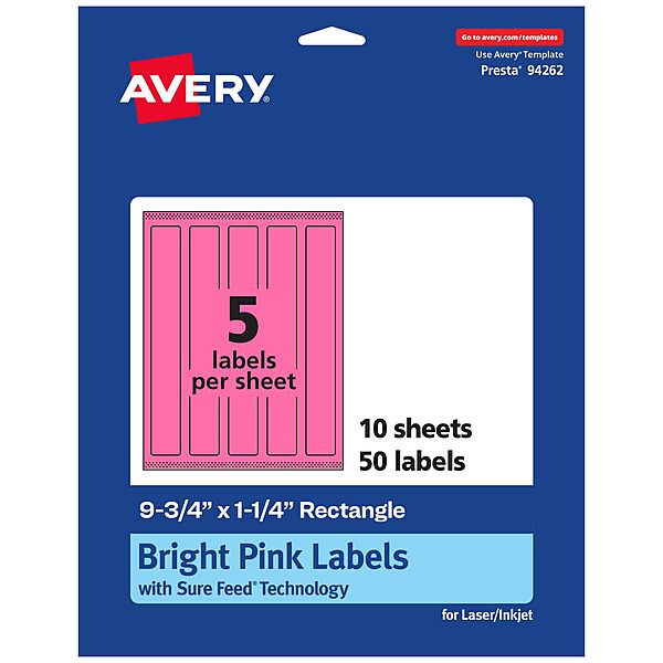 AVERY Printable Rectangle Labels, Sure Feed Technology, 9.75" x 1.25", Bright Pink