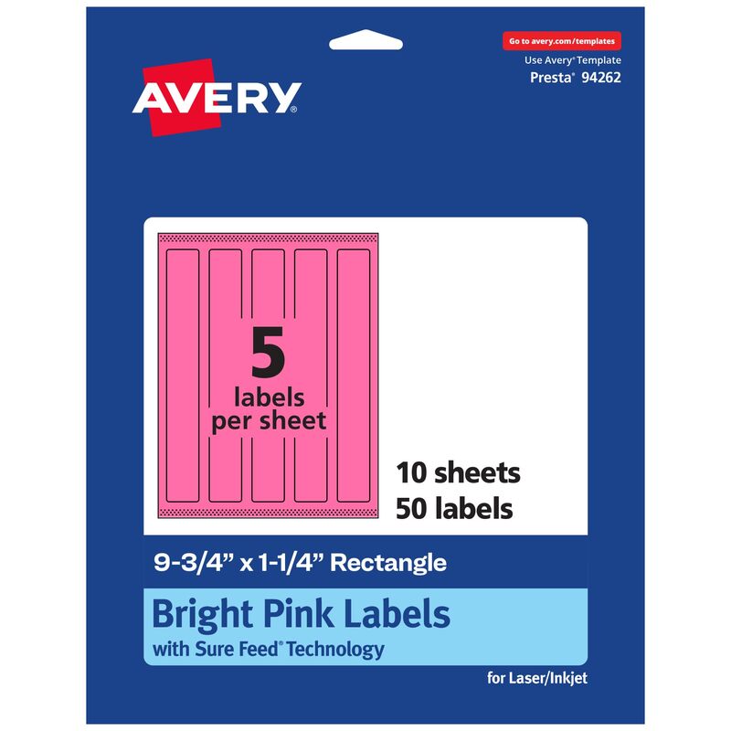 AVERY Printable Rectangle Labels, Sure Feed Technology, 9.75" x 1.25", Bright Pink