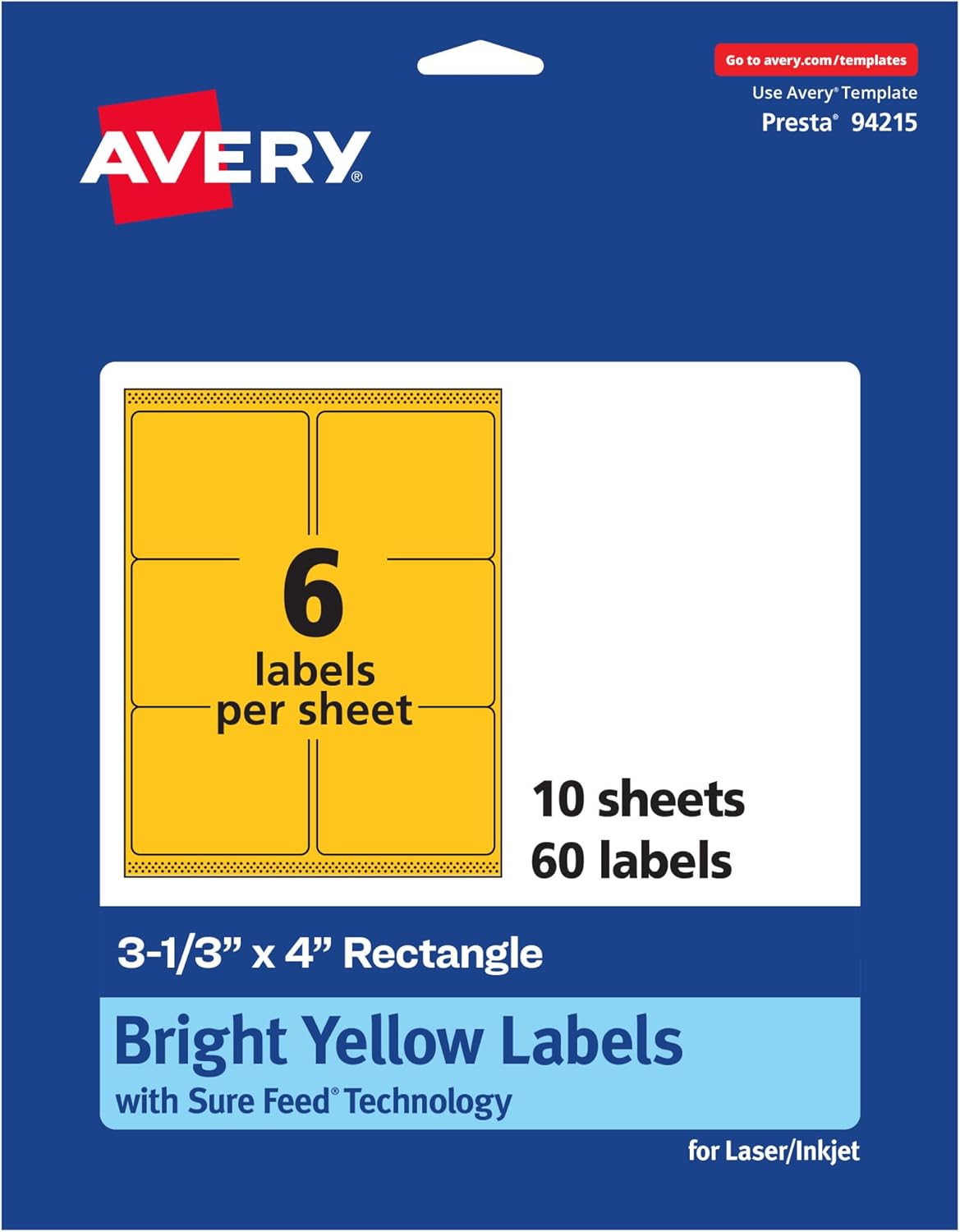 Avery Printable Rectangle Labels, Sure Feed Technology, 3-1/3" x 4", Bright Yellow, Laser/Inkjet Printable