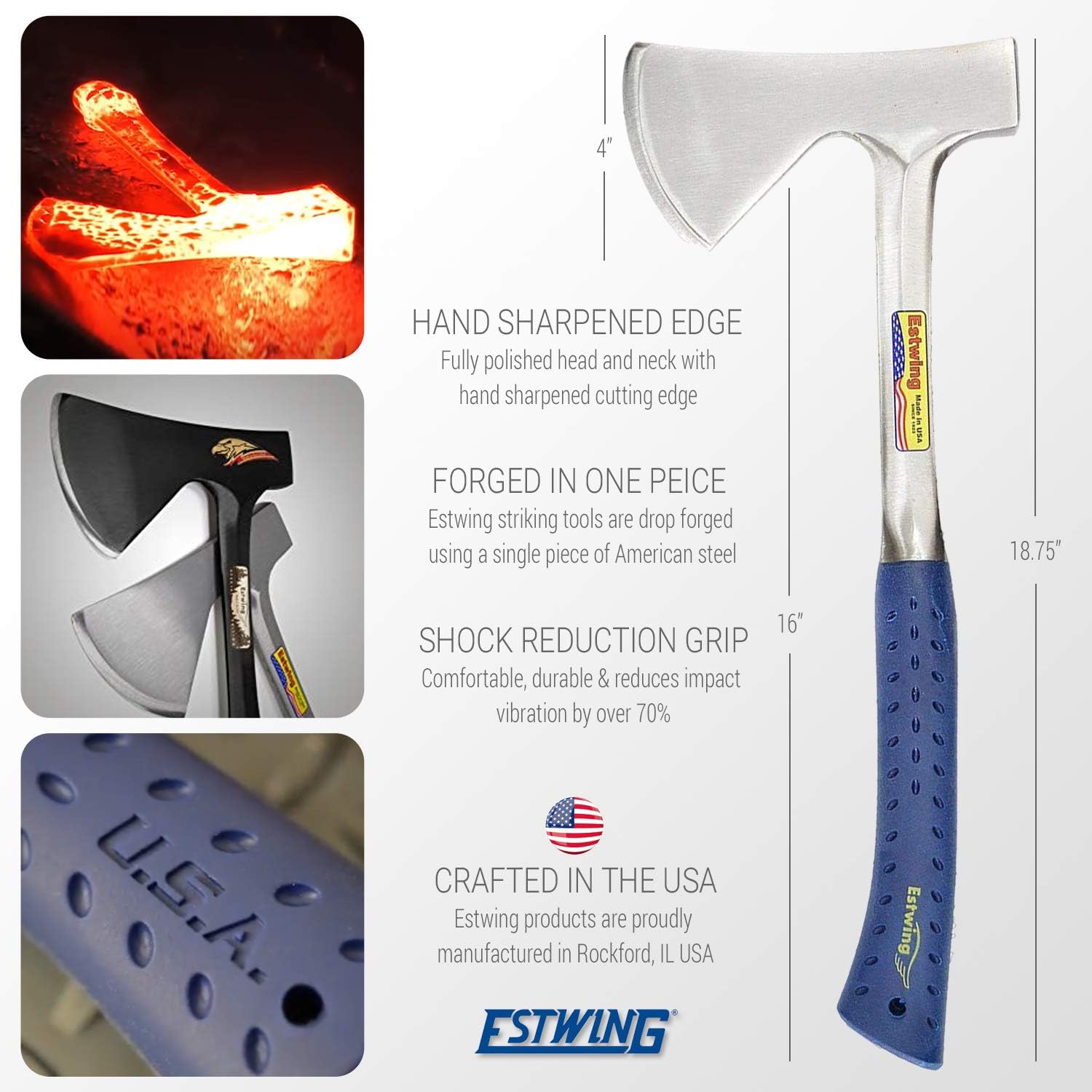 ESTWING Camper's Axe - 16" Hatchet with Forged Steel Construction & Shock Reduction Grip - E44A 16" Blue
