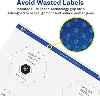 Avery Glossy Clear Hexagon Labels, Sure Feed Technology, 2-1/2" x 2-57/64", Print-to-the-Edge, Laser/Inkjet Printable
