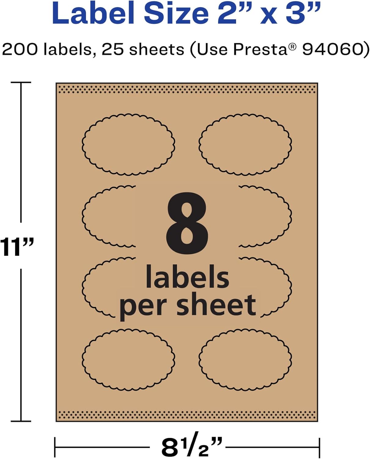 Avery Kraft Brown Oval Scalloped Labels, Sure Feed Technology, 2" x 3", Print-to-The-Edge, Laser/Inkjet Printable