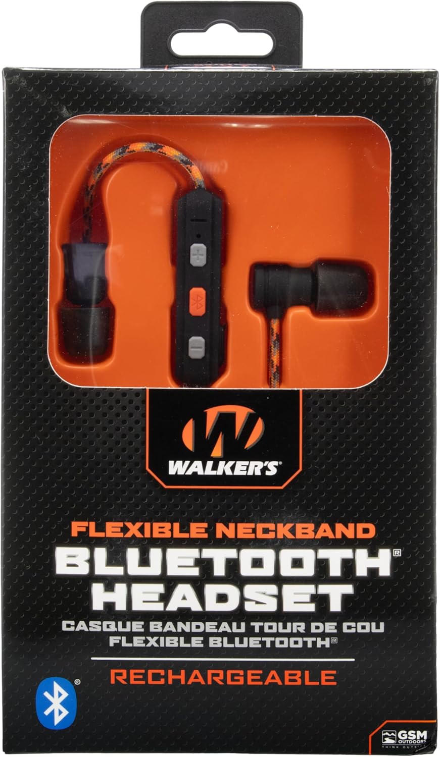 Walker's Flexible Bluetooth Neckband Headset 30 NRR Passive Hearing Protection Earbuds with 12" USB Charging Cable & EVA