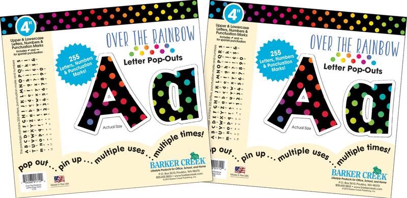 Barker Creek 4" Letter Pop-Outs 2-Pack, Over The Rainbow, Jazz Up Your Bulletin Boards with These Colorful Letters, 510 Upper and Lowercase Letters, Numbers & Punctuation Marks, 4" (3636)