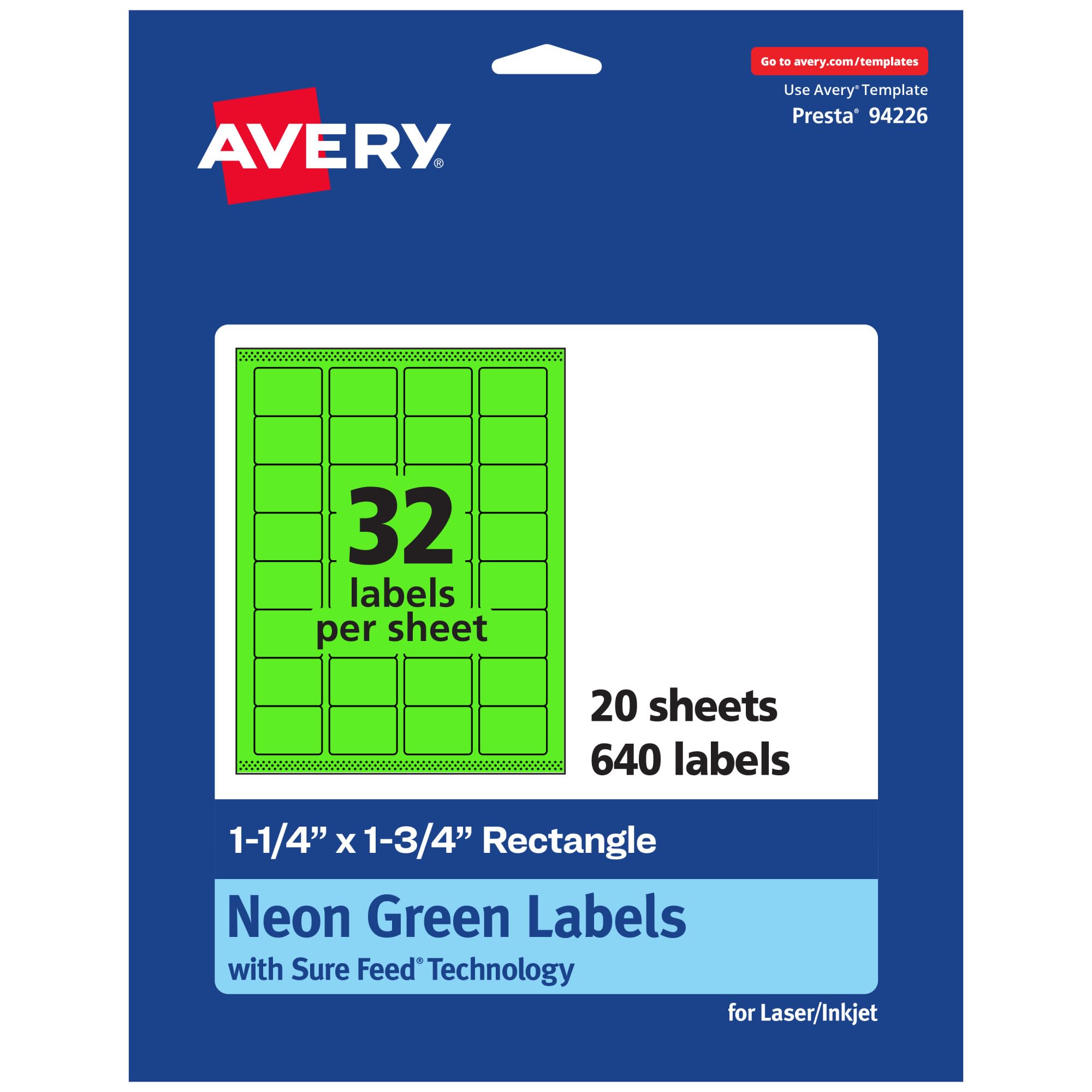 Avery Printable Rectangle Labels, Sure Feed Technology, 1-1/4" x 1-3/4", Neon Green, Laser/Inkjet Printable