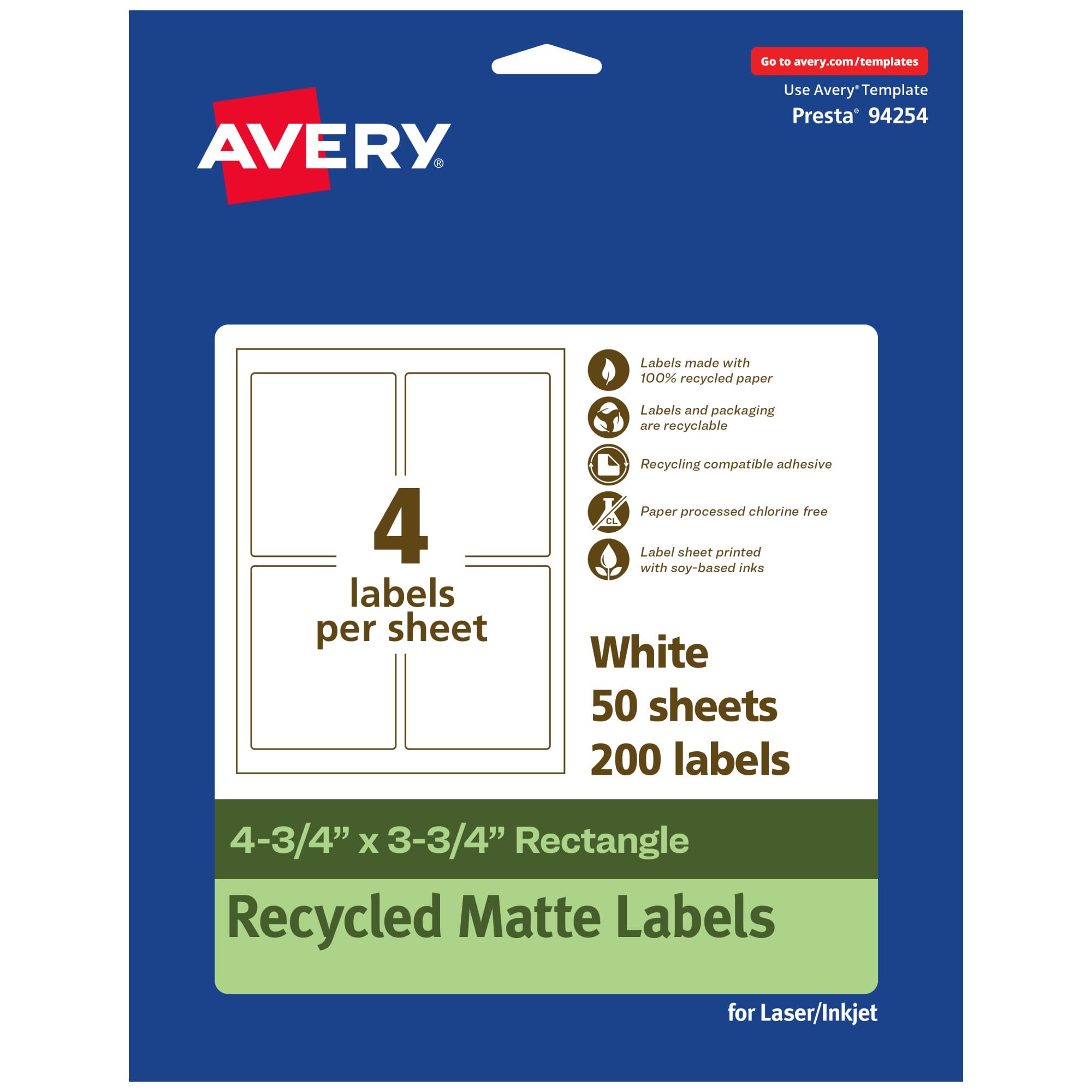 Avery EcoFriendly Matte White Recycled Rectangle Labels, 4.75" x 3.75", Print-to-The-Edge, Permanent Adhesive