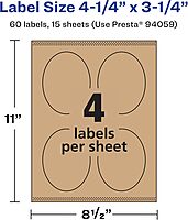 Avery Kraft Brown Oval Labels, Sure Feed Technology, 4.25" x 3.25", 60 Kraft Brown Labels, Print-to-The-Edge, Laser/Inkjet Printable 60 labels